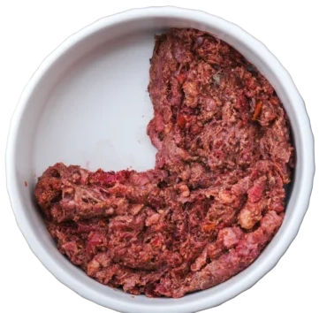 Raw dog food three quarters bowl