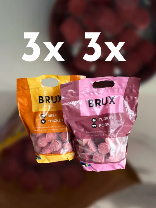 balanced raw dog food meal by brux in 25g balls, beef chicken, turkey pork